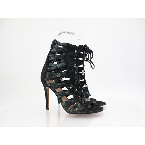 Via Spiga Teaira Women's Size 8.5 Green Snake Suede Gladiator Caged Heels Shoes - Picture 1 of 11
